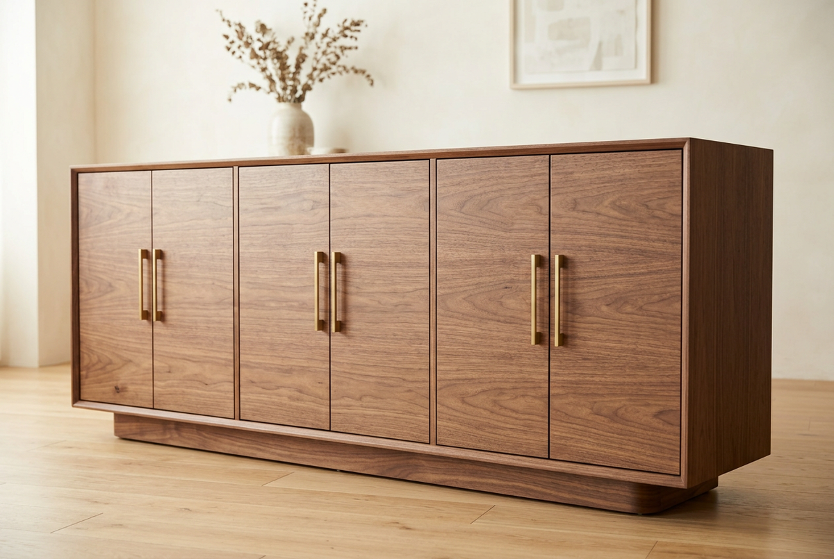 AI-generated concept of a luxury walnut six-door dresser with brass accents