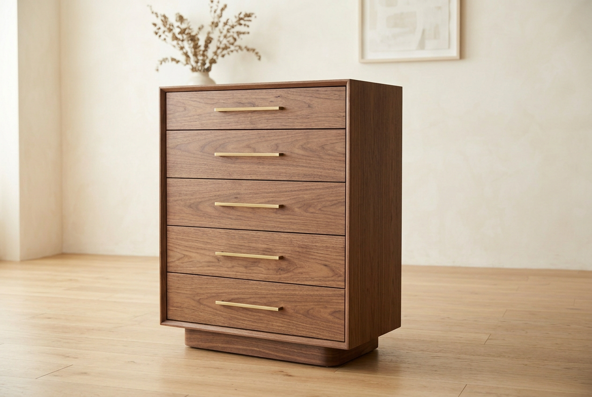 AI-generated concept of a high-end walnut five-drawer tall dresser with brass accents